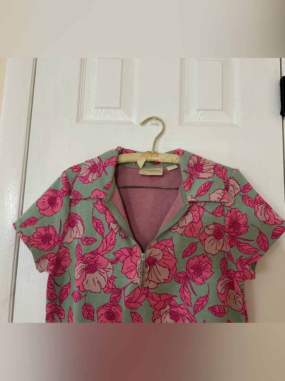 Maeve Anthropologie Floral Jacquard Sz M Quarter Zip Polo Top Pink Green Preppy - Picture 3 of 13